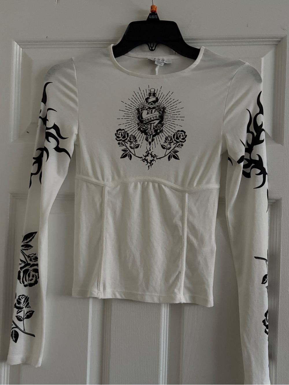 🤍TOPSHOP Ivory Tattoo Rose Graphic Long Sleeve Corset Top Size US 4
